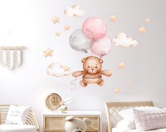Teddy bear with air balloons, Nursery wall decal, Wall decal for kids, Watercolor animals wall decor, Forest animals