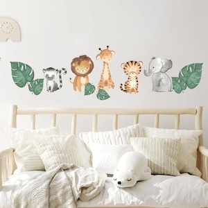 Safari animales vivero pared calcomanía, jungle animals pegatinas de pared, calcomanía de pared para niños, animales de acuarela salvaje, hoja de Monstera