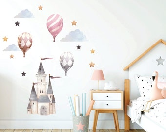 Princess Castle wall decal, Nursery wall sticker, Watercolor Hot air balloon, Fairy wall sticker, Girl nursery decor