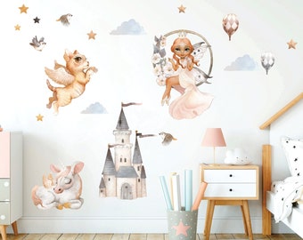 Princess Castle wall decal, Nursery wall sticker, Watercolor Hot air balloon, Fairy wall sticker, Girl nursery decor, Whimsical sticker