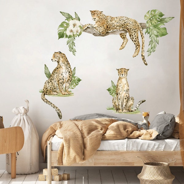 Leopard wall decal, Safari animals wall sticker, Nursery wall decal, Jungle animals, Wild watercolor animals, Wall decal for kids