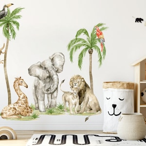 Calcomanía de pared de animales de safari, calcomanía de pared de guardería, animales de la jungla, pegatinas de pared de mono tropical, calcomanía de pared para niños, animales de acuarela salvajes
