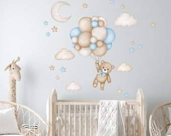 Orsacchiotto con palloncini, decalcomania da muro per la cameretta dei bambini, decalcomania da muro per bambini, decorazione da parete con animali ad acquerello, adesivo da parete per bambina