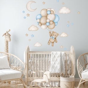 Osito de peluche con globos aerostáticos, Vinilo infantil para pared, Vinilo decorativo para niños, Decoración de pared de animales en acuarela, Vinilo infantil para pared de niña