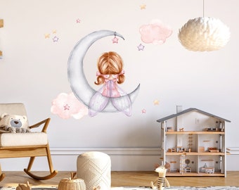 Ballerina wall decal, Nursery wall sticker, Princess on the moon, Clouds and stars, Fairy wall sticker, Baby girl room decor