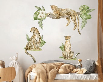 Leopard wall decal, Safari animals wall sticker, Nursery wall decal, Jungle animals, Wild watercolor animals, Wall decal for kids