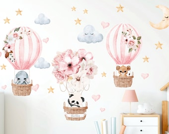 Hot Air Balloon Wall decal, Nursery decal Personalized Name, Watercolor Safari animals wall sticker, Baby girl, Jungle animal decor Wall art