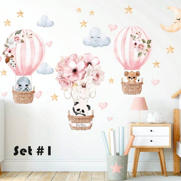 Heißluftballon Wandtattoo, Kinderzimmer Aufkleber personalisierte Name, Aquarell Safari Tiere Wandaufkleber, Baby Mädchen, Dschungel Tier Dekor Wandkunst