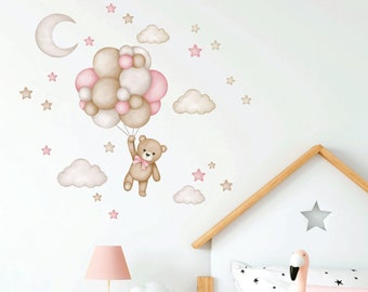 Teddy bear with air balloons, Nursery wall decal, Wall decal for kids, Watercolor animals wall decor, Baby girl wall sticker