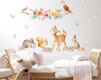 Forest animals Nursery wall decal Watercolor animals Wall stickers Baby girl room decal