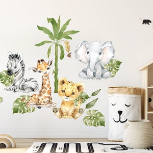 Calcomanía de pared para animales de safari, Calcomanía de pared para viveros, Animales de la selva, Pegatinas de pared para leones, Calcomanías de pared para niños, Acuarela salvaje