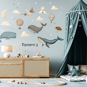 Ocean Nursery wall decal, Under the Sea sticker, Watercolor whale, Hot air Balloons, Kids room decor