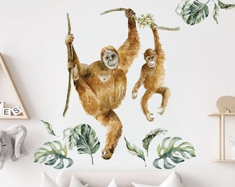 Safari animals wall decal, Nursery wall decal, Jungle animals, Tropical monkey wall stickers, Wall decal for kids, Wild watercolor animals