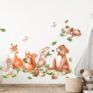 Forest Animals Wall decal, Nursery Wall Decal, Woodland Animals Wall Art, Watercolor Wall decal for kids , Bunny sticker, Bear wall decal