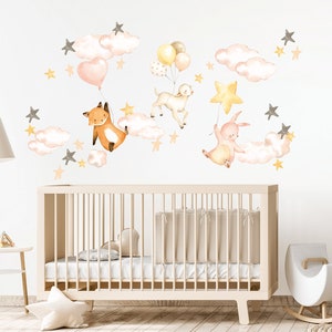 Air Balloon Nursery wall decal Watercolor animal, Forest animals Wall art, Nursery wall stickers Girls sticker Kids room decor