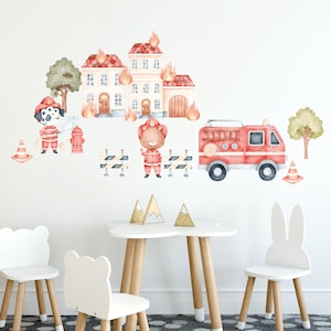 Firefighter Woodland Nursery wall decal, Fire truck wall decal, Wall decal for kids