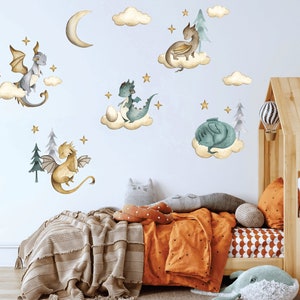 Dragon wall decal, Nursery wall decal, Watercolor animals wall sticker, Fairy wall decal, Boys room decal