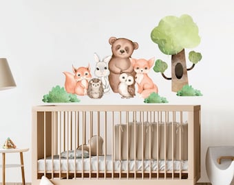 Forest Animals Wall Decal, Woodland Animals Nursery Wall Art, Watercolor Wall decal for kids, Tree wall decal, Forest animals wall sticker