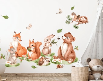 Wald Tiere Wandtattoo, Kindergarten Wandtattoo, Wald Tiere Wandkunst, Aquarell Wandtattoo für Kinder, Hase Aufkleber, Bär Wandtattoo