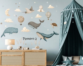Sticker mural chambre d'enfant océan, sticker sous la mer, baleine aquarelle, montgolfières, décoration de chambre d'enfants