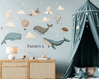 Ocean Nursery wall decal, Under the Sea sticker, Watercolor whale, Hot air Balloons, Kids room decor