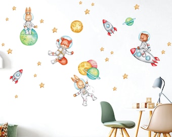 Space nursery wall sticker, Watercolor animals, Planet Wall Stickers, Wall decal for kids,