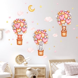 Hot Air Balloon Nursery wall decal, Watercolor forest animals Bunny wall sticker, Heart wall decal