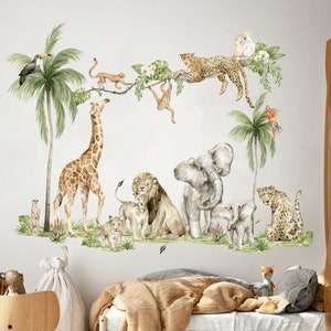 Safari dieren muur sticker, kinderkamer muur sticker, jungle dieren, tropische aap muurstickers, muur sticker voor kinderen, wilde aquarel dieren