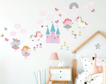 Fairy Wall Decal, Nursery Unicorn Wall Decal Sticker, Princess Fairy Wall Decal Decor, Rainbow Wall Decal, Girls Nursery Room Decor Wall Art