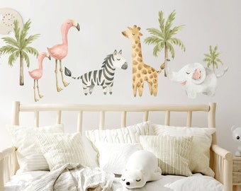 Safari animals Wall decal, Nursery wall decal, Wild watercolor animal stickers, Jungle animal decor, Palm tree, Tropical wall art