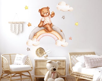 Teddy bear Nursery wall decal, Rainbow wall sticker, Watercolor forest animals, Baby girl wall decor, Stars wall sticker