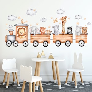 Vinilo decorativo de tren con animales de safari, vinilo decorativo para habitación infantil, animales de acuarela, vinilo decorativo infantil, vinilo decorativo de jirafa.