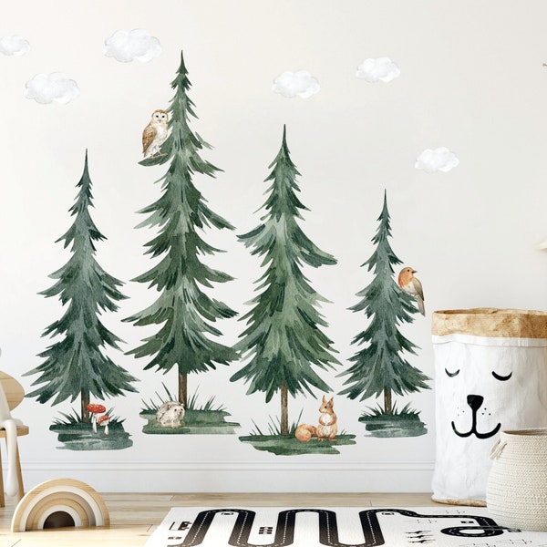 Forest tree, Nursery wall decal, Watercolor forest animals, Woodland wall art, Kids wall stickers