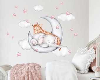 Sticker mural chambre d'enfant animaux de safari aquarelle sauvage Stickers animaux animaux de la jungle endormis sur nuages Grande girafe