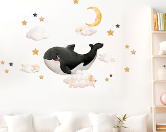 Whale wall decal, Nursery wall sticker, Clouds and stars, Watercolor animals, Fairy wall decal, Ocean wall decal