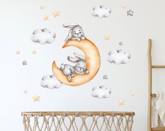 Bunny on the moon, Nursery wall decal, Watercolor forest animals, Clouds and stars stickers, Wall decals for kids