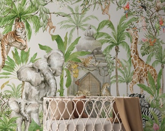 Papier peint animaux de safari, décoration murale pour chambre d'enfant, aquarelle, art mural, animaux de la jungle, décoration murale pour chambre d'enfants