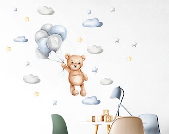 Teddy bear with air balloons, Nursery wall decal, Wall decal for kids, Watercolor animals wall decor, Forest animals