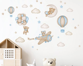 Ours en peluche personnalisé avec des ballons à air, décalque de mur de pépinière, décalque de mur d'enfants, animaux d'aquarelle, ballon à air chaud, autocollant de mur d'avion