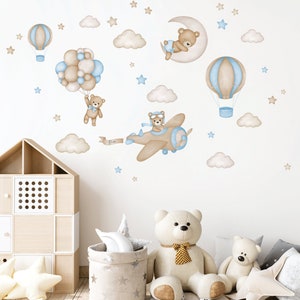 Personalised Teddy bear with air balloons, Nursery wall decal, Kids wall decal, Watercolor animals, Hot air balloon, Airplane wall sticker