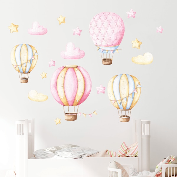 Hot Air Balloon Nursery wall decal, Watercolor Hot Air Balloons wall sticker, Baby girl room decor