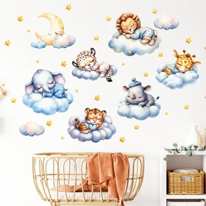 Sleeping safari animals, Nursery wall decal, Wild watercolor animal stickers, Cute jungle animal decor, Clouds