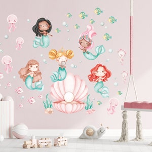 Mermaid nursery wall decal, Watercolor sea animals, Under the sea stickers, Fish wall stickers, Baby girl room decor
