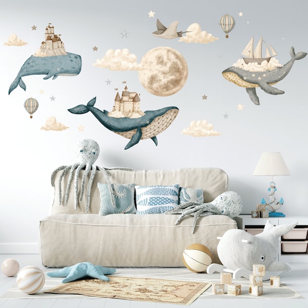 Ocean Nursery wall decal, Under the Sea sticker, Watercolor whale, Hot air Balloons, Castle wall decal, Kids room decor