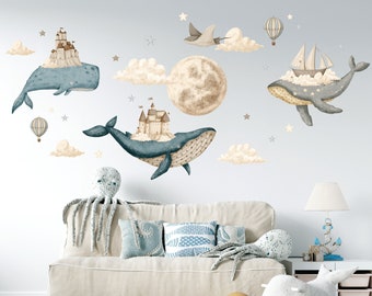Oceaan kwekerij muur sticker, onder de zee sticker, aquarel walvis, heteluchtballonnen, kasteel muur sticker, kinderkamer decor