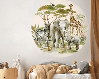 Décalcomanie murale pour animaux de safari, Décalcomanie murale ronde de pépinière, Animaux de la jungle, Autocollants de singe tropicaux, Vignette murale pour enfants, Aquarelle sauvage