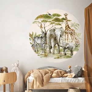 Safari animals wall decal, Nursery round wall decal, Jungle animals, Tropical monkey stickers, Wall decal for kids, Wild watercolor animals