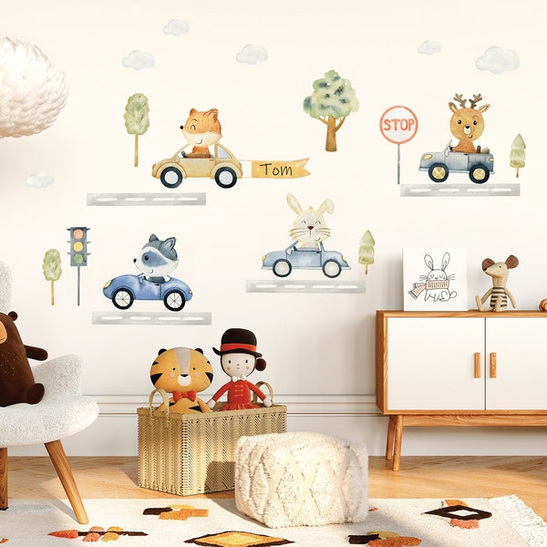 Forest animals wall decal, Nursery wall sticker, Personalised Transport wall sticker, Vehicles wall decal, Watercolor animals