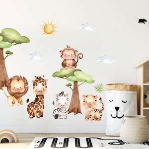 Safari animals Nursery wall decal, Jungle animals wall stickers, Wall decal for kids, Wild watercolor animals, Giraffe wall decal