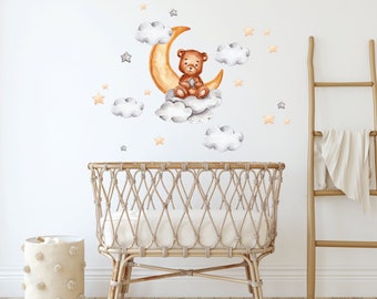 Teddybär auf dem Mond, Kinderzimmer Wandtattoi, Aquarell Waldtiere, Sterne und Wolken Wandsticker, Kinderzimmer Wanddeko